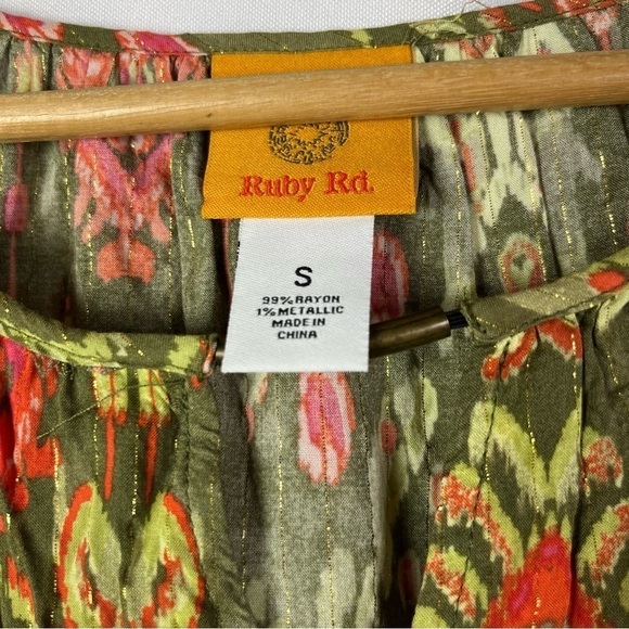 Ruby Rd Olive Green & Red Printed Long Sleeve Blouse S - Picture 4 of 4
